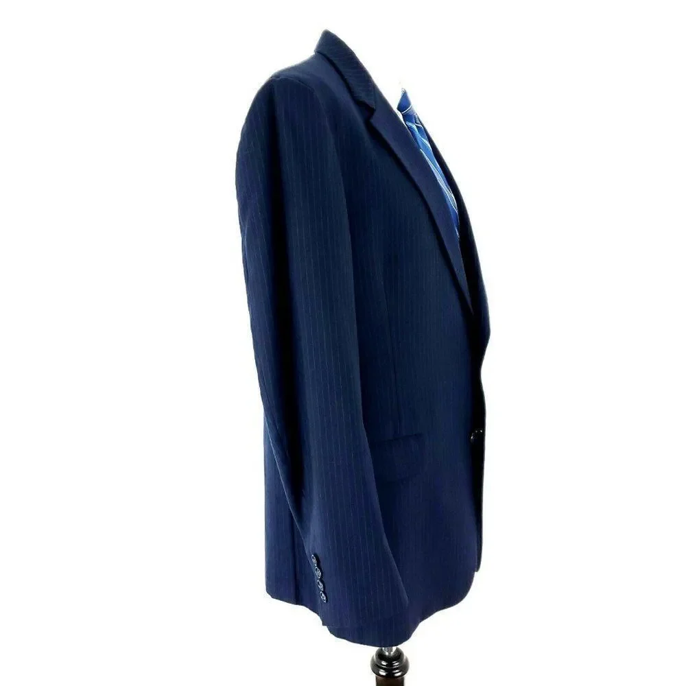 Hart Schaffner Marx Wool 2 Button 2 Piece Suit 42L Blue Striped 34/27 Flat Front